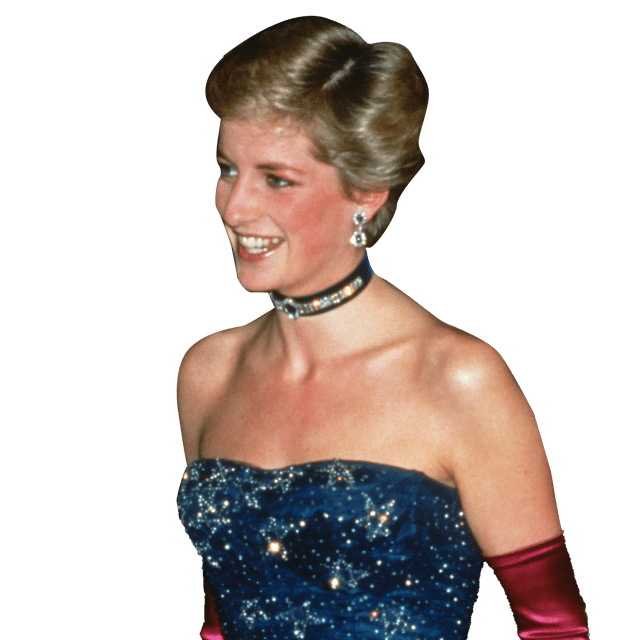 a woman in a blue dress and red gloves smiles