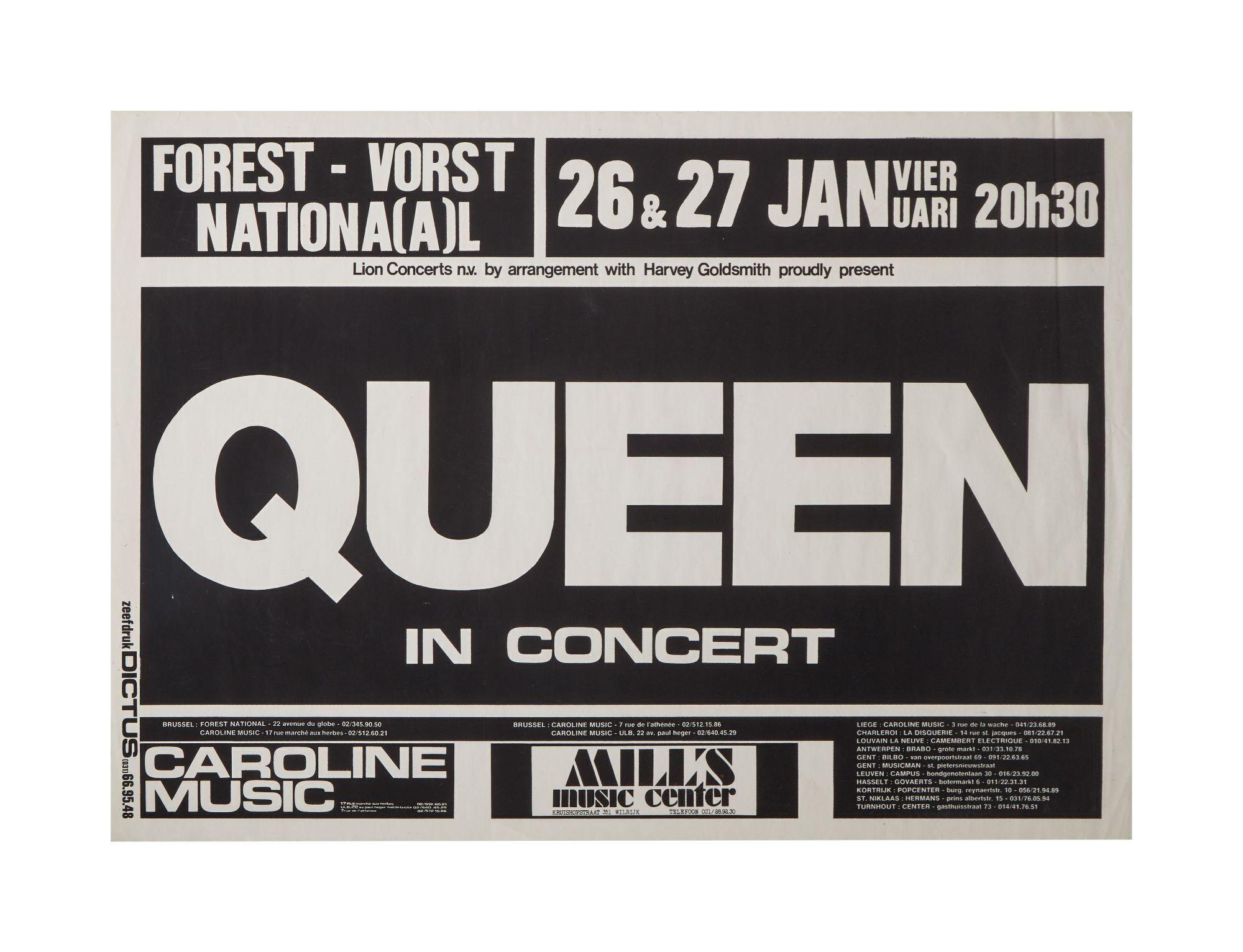 a black and white poster for queen in concert .